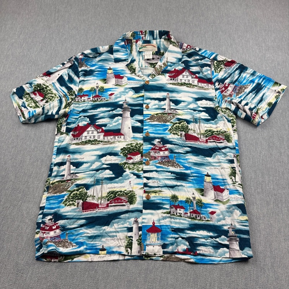 Vintage Paradise Found Shirt Mens Medium Blue Lighthouse Camp Rayon Made in‎ USA